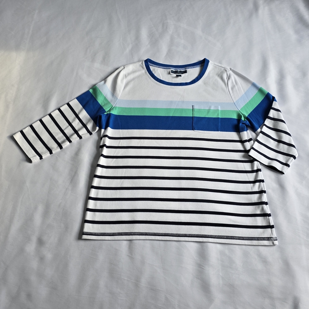 Karen Scott Blue and Green Striped 3/4 Sleeve Top Nautical vibe Size XL - Picture 2 of 3